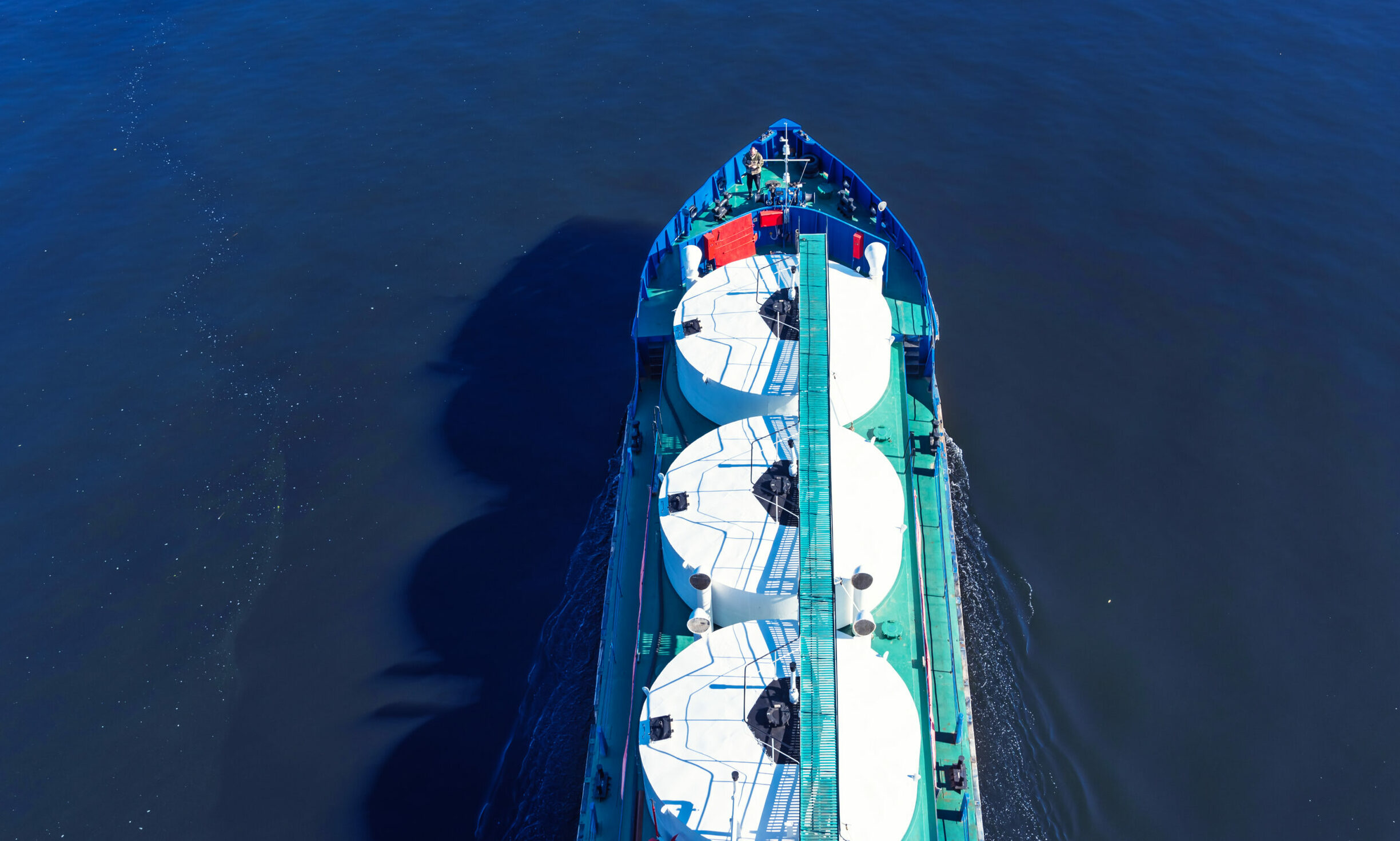 Tanker in the sea - top view