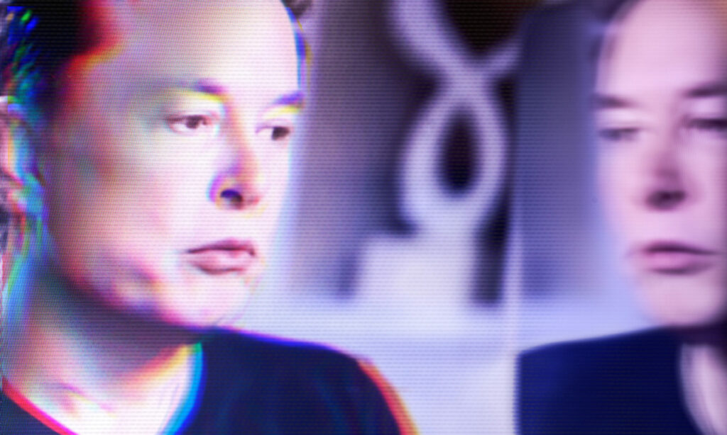 Defocused portrait of Elon Musk with a glitch effect.